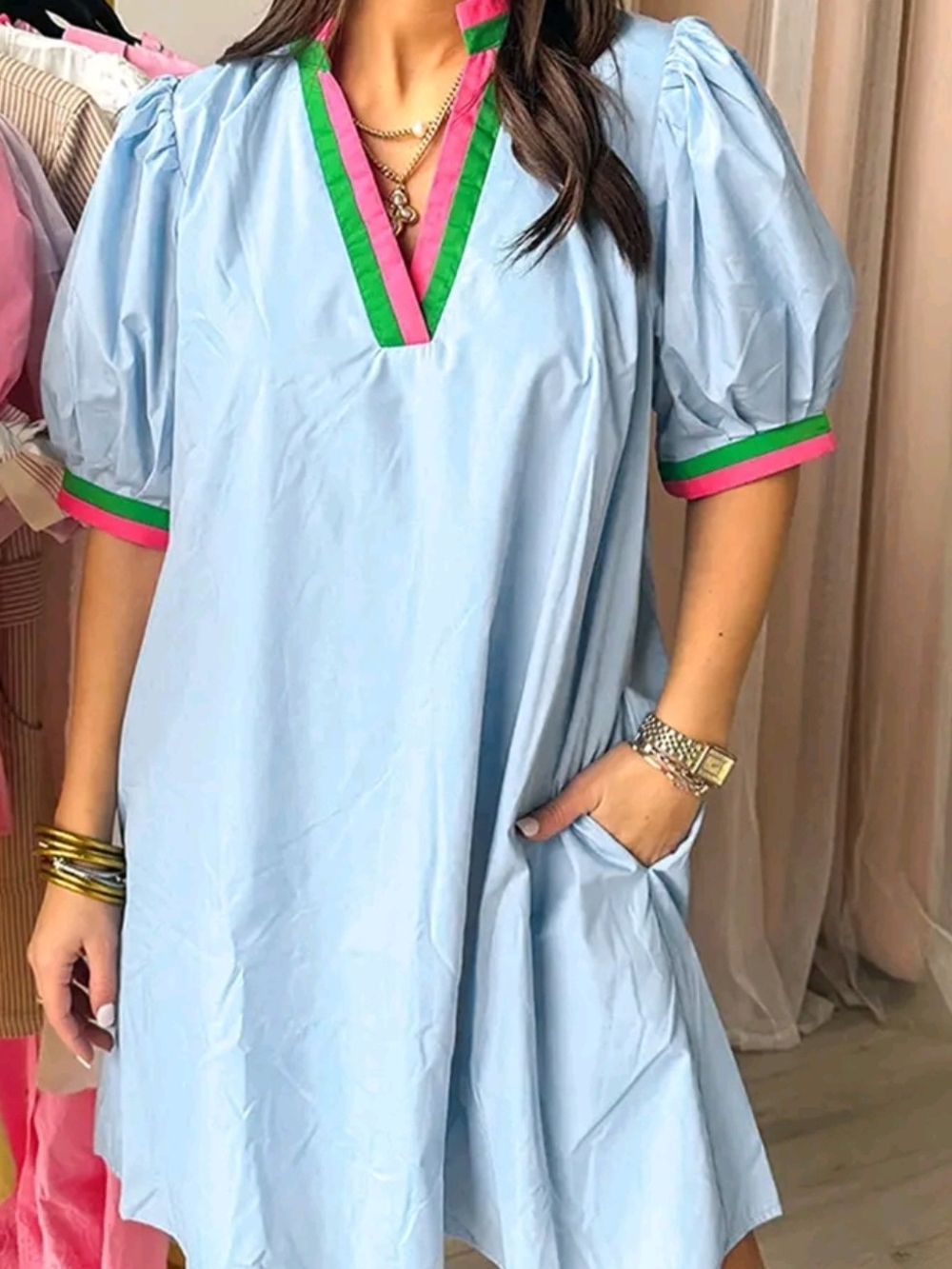 Light Blue Puff Sleeve Mini Dress with Pink & Green Trim
